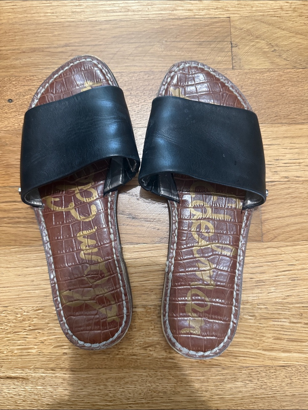 Sam Edelman Black Slide Sandals with Brown Croc-Textured Footbed
